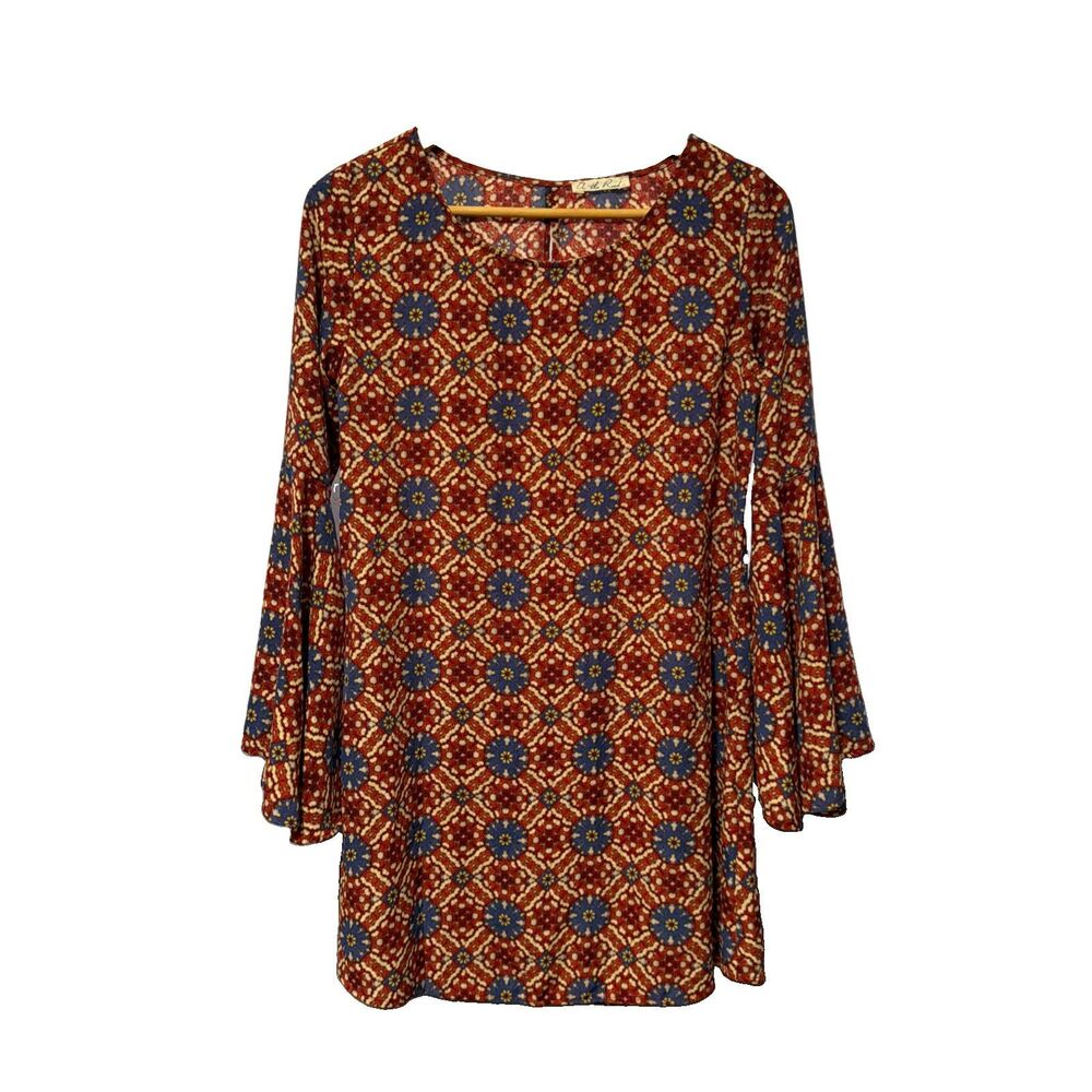 On The Road Geometric 70S Style Dress Size Large Disco Bell Sleeves